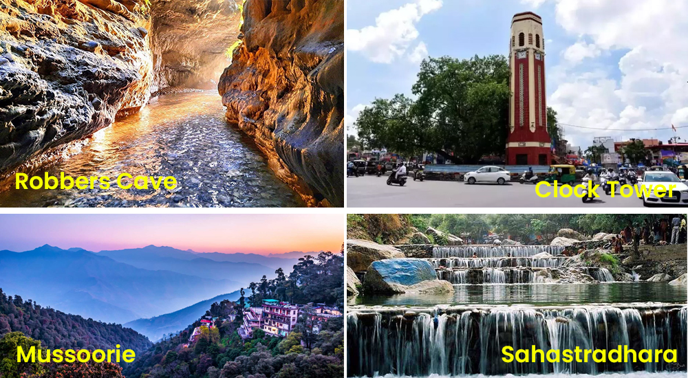 Top tourist attractions in Dehradun including Robbers Cave, Clock Tower, Mussoorie, and Sahastradhara
