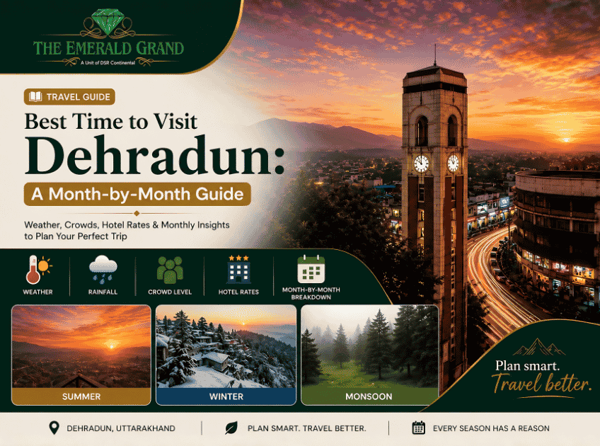 best time to visit Dehradun, Dehradun weather by month, summer in Dehradun, luxury hotel Dehradun, The Emerald Grand,